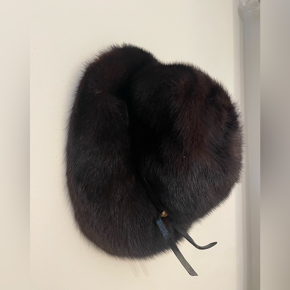Genuine Mink Fur Hat with Leather Detail